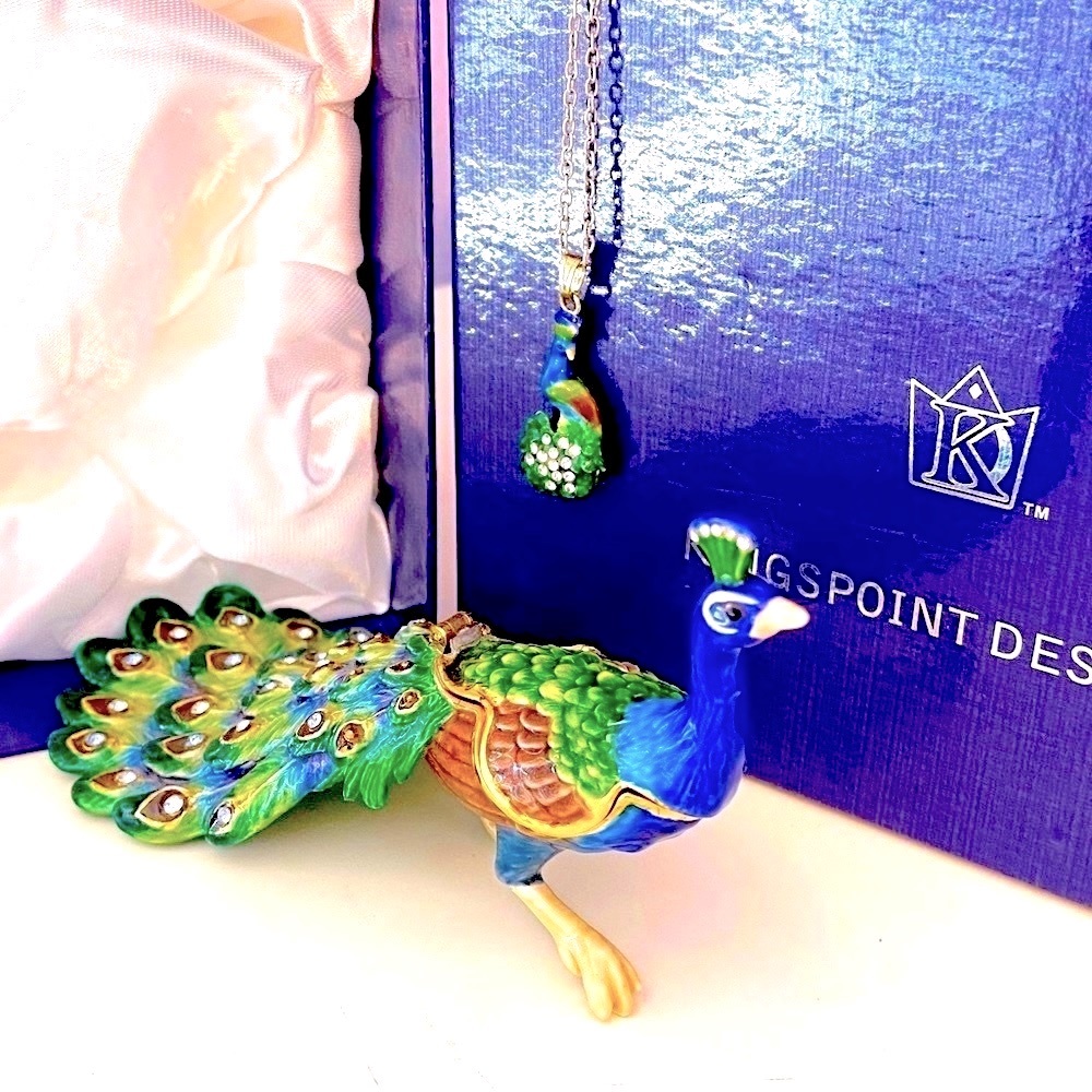Enamel hinged trinket box peacock crystal necklace surprise Kingspoint Design